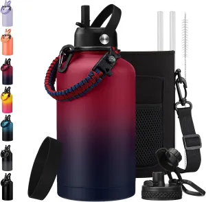 1 Gallon Insulated Water Jug with Straw - Auto Chug Lid, Bottle Carrier Bag, Paracord Handle, 128oz Stainless Steel Water Bottle Keep Hot 24H & Cold 48, Large Canteen Water Bottle for Sports Work