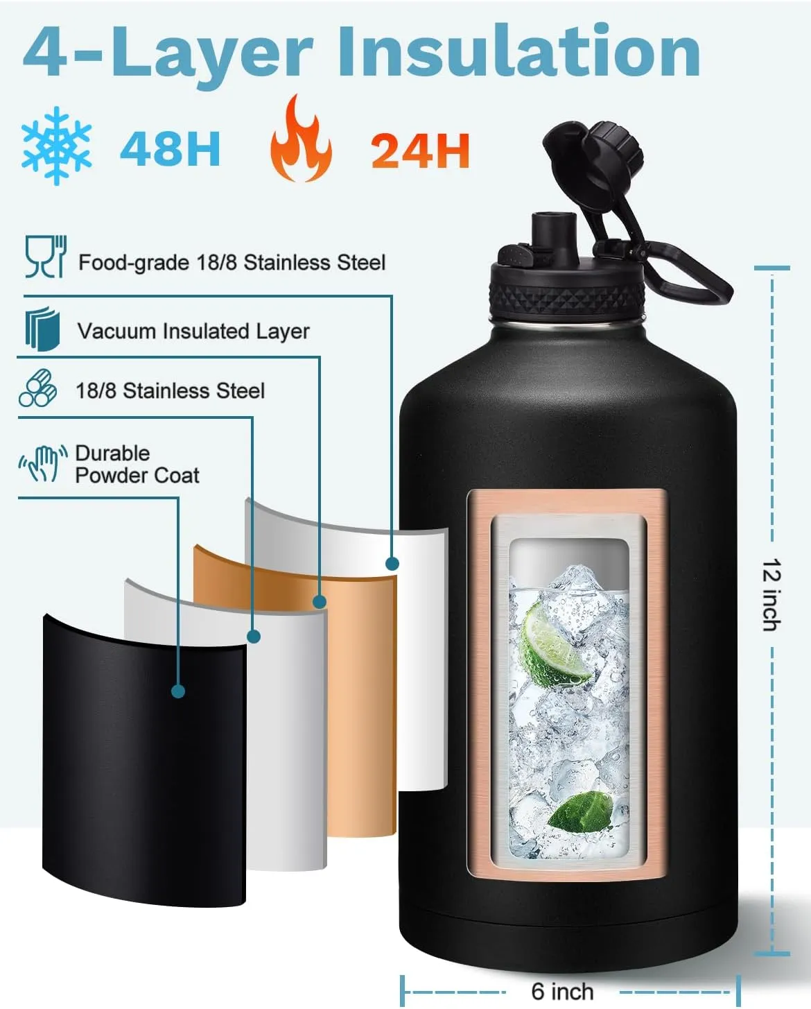 1 Gallon Insulated Water Jug with Straw - Auto Chug Lid, Bottle Carrier Bag, Paracord Handle, 128oz Stainless Steel Water Bottle Keep Hot 24H & Cold 48, Large Canteen Water Bottle for Sports Work