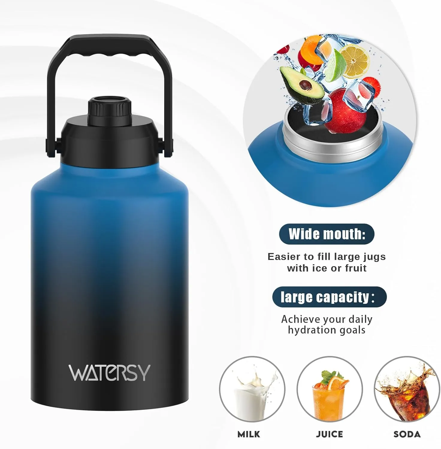 1 Gallon Water Bottle Insulated(Cold for 48 Hrs),BPA Free&Leak Proof,128oz Stainless Steel Water Jug,Big thermo,Large Water Bottle with Handle for Gym,Hiking,Camping&Travel,Gradient Blue