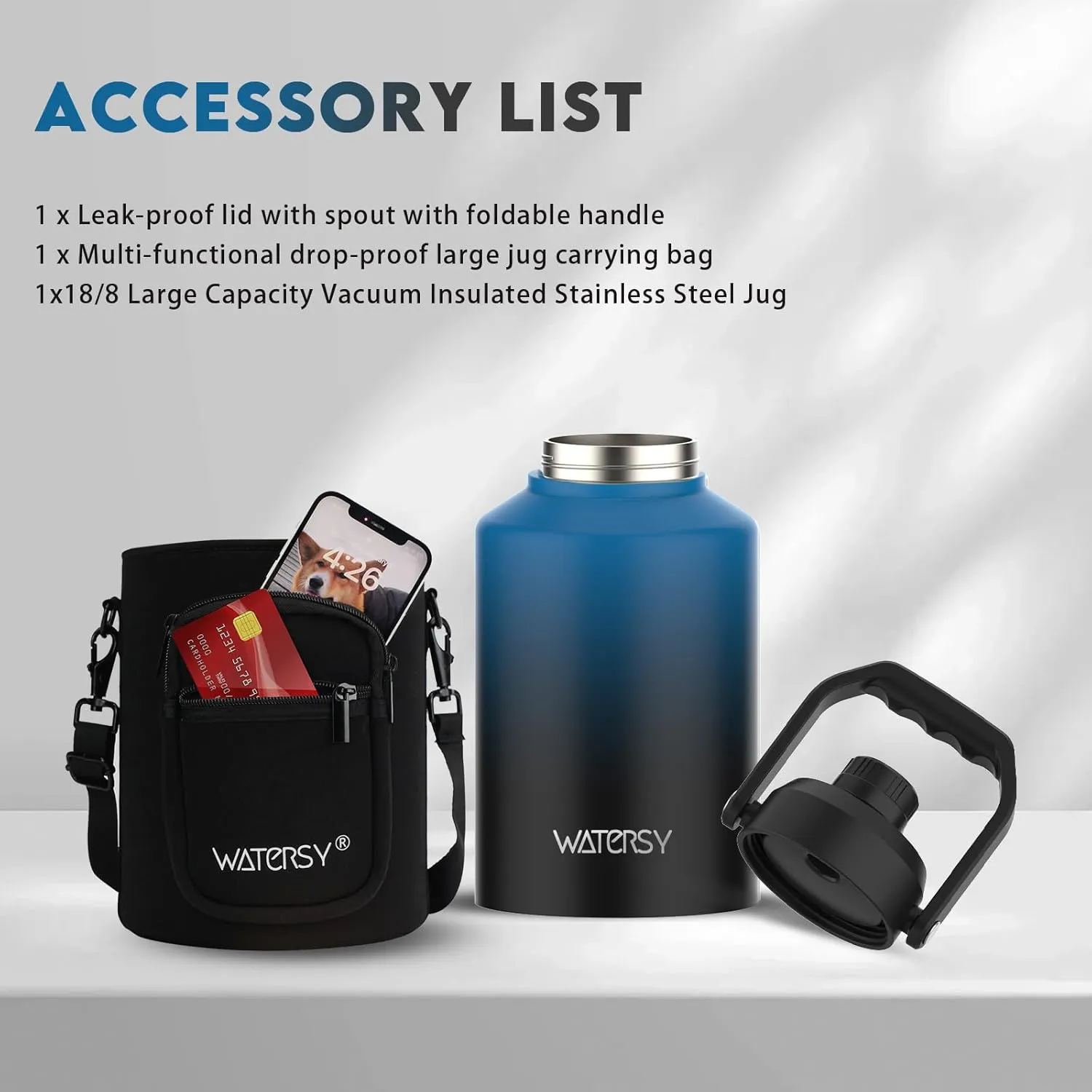 1 Gallon Water Bottle Insulated(Cold for 48 Hrs),BPA Free&Leak Proof,128oz Stainless Steel Water Jug,Big thermo,Large Water Bottle with Handle for Gym,Hiking,Camping&Travel,Gradient Blue