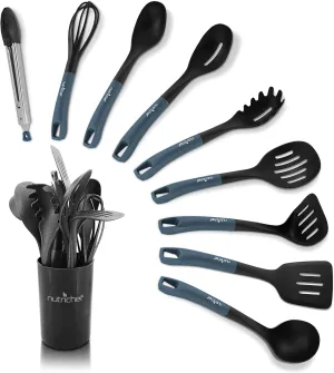 10-Piece Kitchen Cooking Utensils Set - Non-stick Heat Resistant Silicone Kitchen Gadgets Cookware Tools, Cooking Utensils Set with Holder, Pots & Pans Accessories - NutriChef NCUTL10DS (Blue/Black)