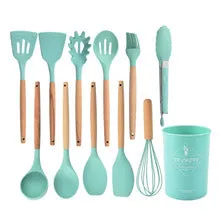 11 Pcs Non-Stick Utensils Wooden Handle Silicon Spoon Brush Set