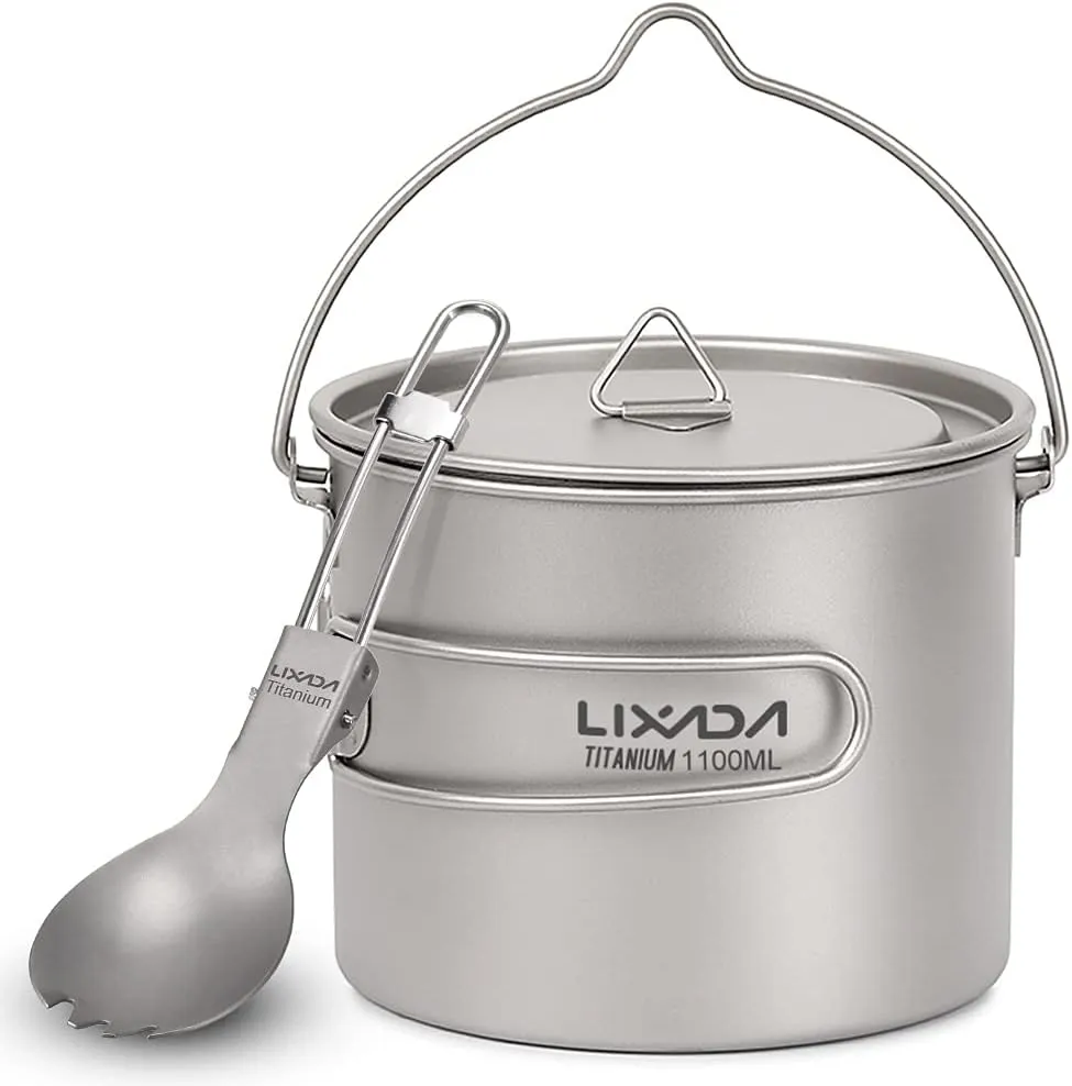 1100ml Lightweight Titanium Pot with Folding Spork for Outdoor Camping Hiking Backpacking Picnic