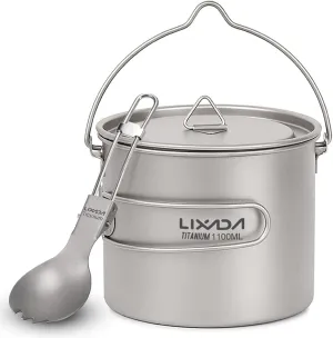 1100ml Lightweight Titanium Pot with Folding Spork for Outdoor Camping Hiking Backpacking Picnic