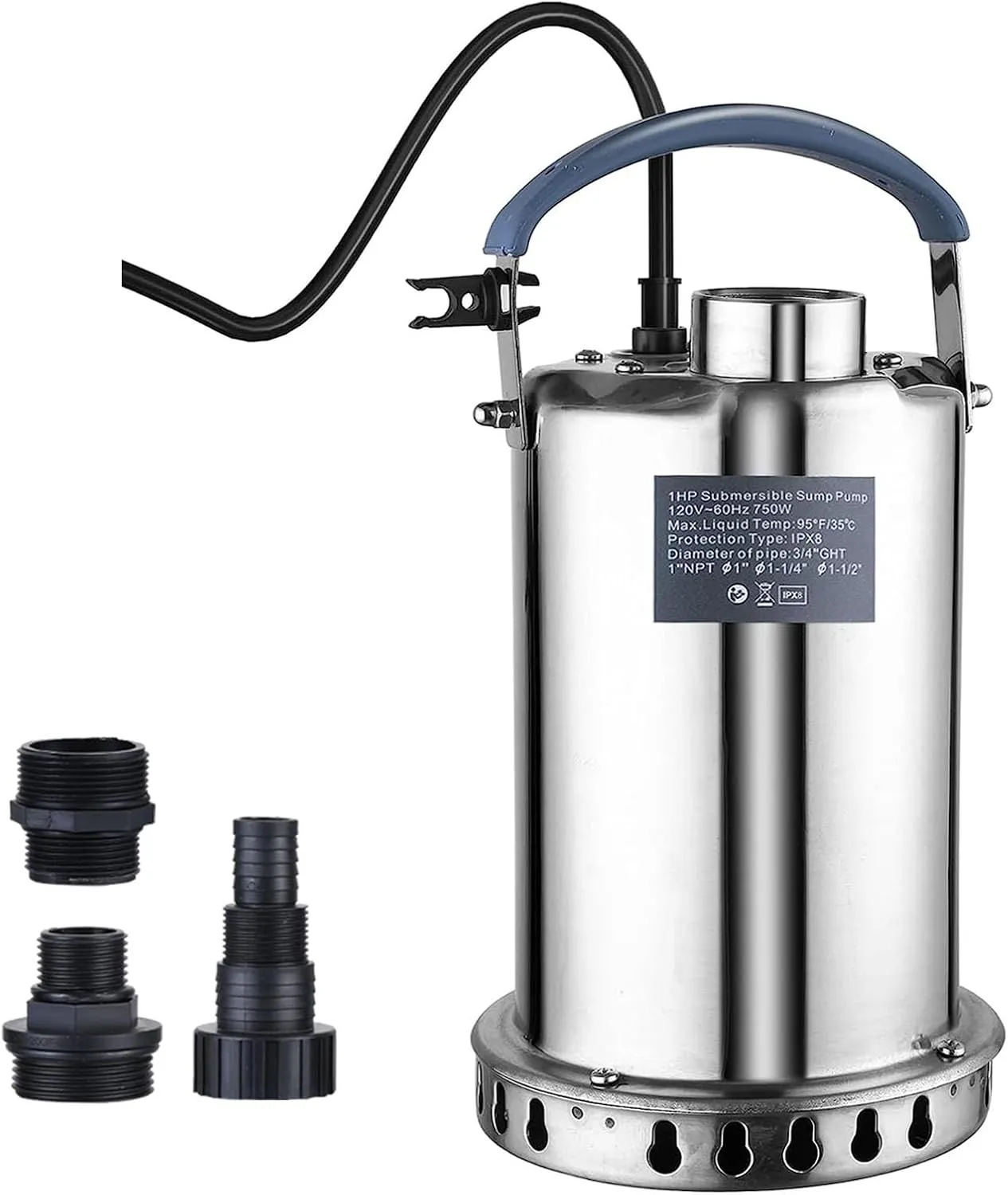 1.2 HP Sump Pump Submersible 4200 GPH Water Pump for Pool Draining, Full Stainless Steel, Clean Dirty Water Transfer from Basement Garden Pond Sump Pit Hot Tub with Adapters