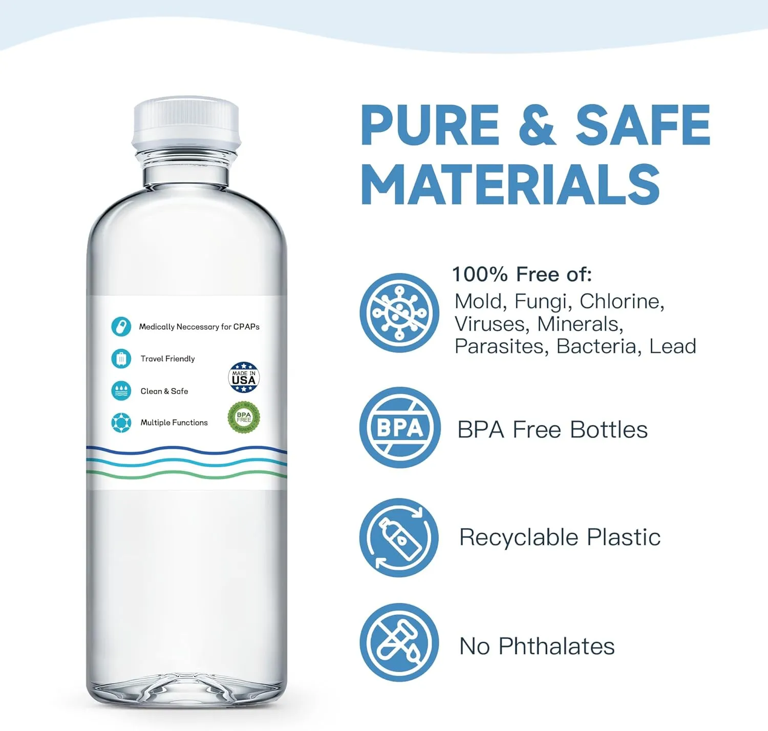 12 oz 12-Pack Distilled Water for CPAP Machines | Made in USA | Use with ResMed and Respironics Machines | Travel-Friendly, Clean, Multi-Use