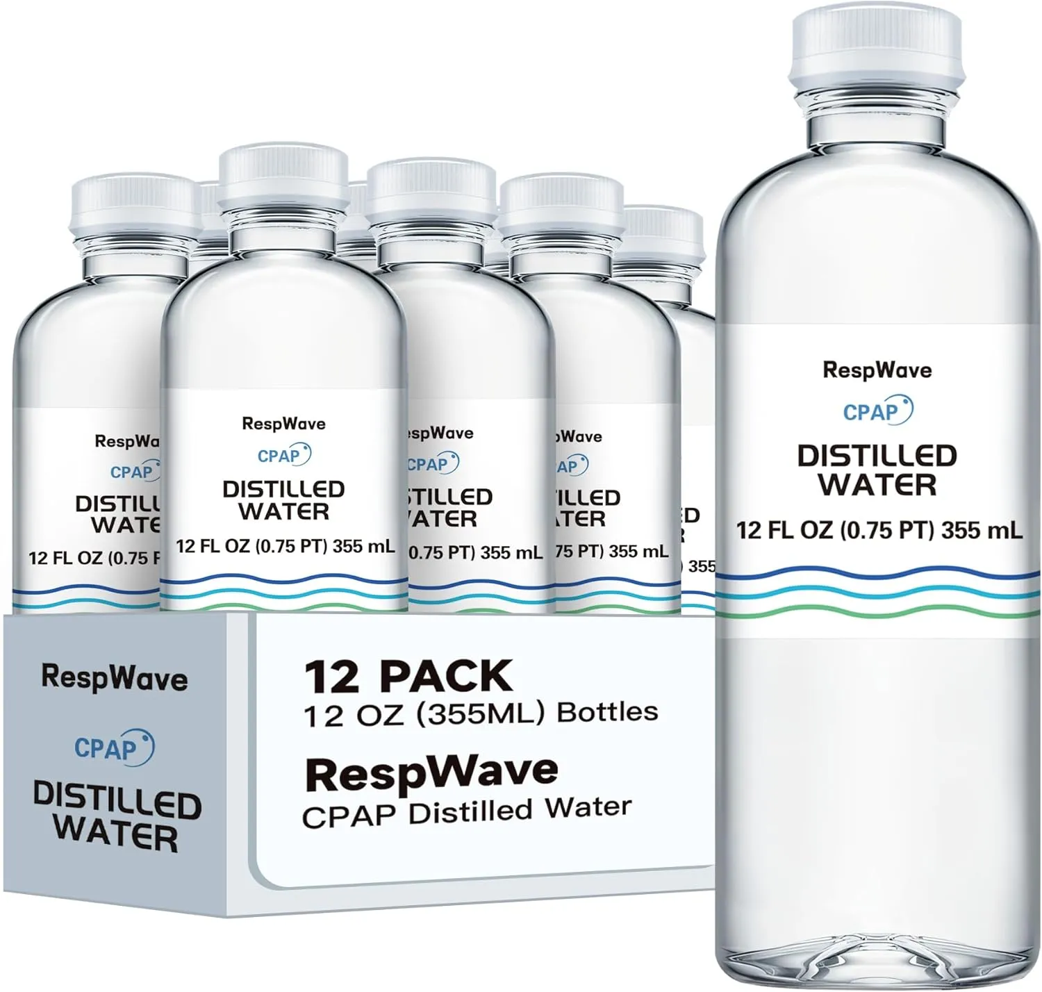 12 oz 12-Pack Distilled Water for CPAP Machines | Made in USA | Use with ResMed and Respironics Machines | Travel-Friendly, Clean, Multi-Use