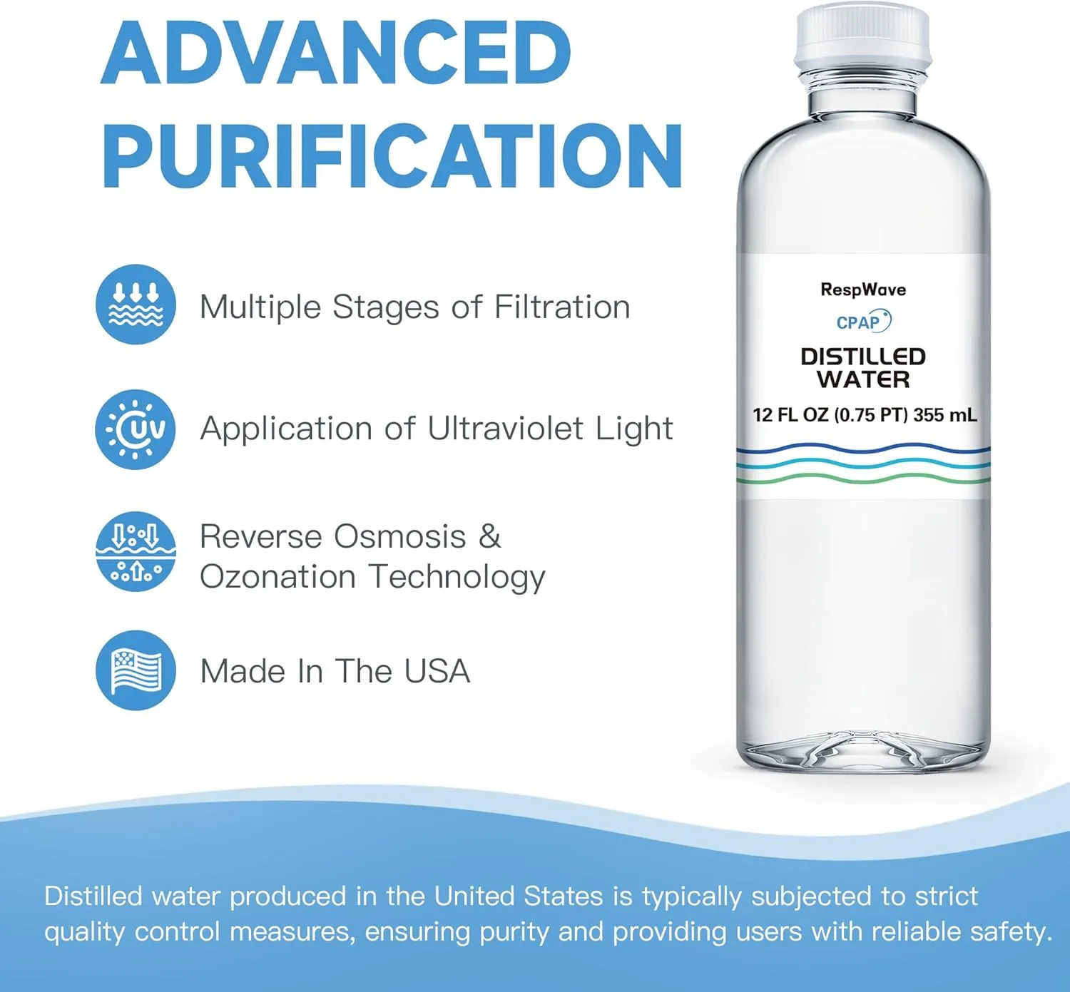 12 oz 12-Pack Distilled Water for CPAP Machines | Made in USA | Use with ResMed and Respironics Machines | Travel-Friendly, Clean, Multi-Use