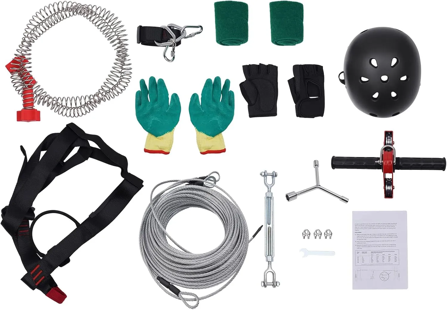120FT Zip Line Kit, Stainless Steel Spring Brake Zipline Kit with Rubber Heads&Safety Belt&2 Pair Gloves&2 Tree Protection Mats Park Backyard Zipline 330lbs Max Adjustable Helmet
