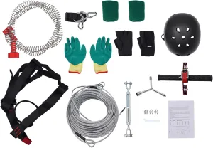 120FT Zip Line Kit, Stainless Steel Spring Brake Zipline Kit with Rubber Heads&Safety Belt&2 Pair Gloves&2 Tree Protection Mats Park Backyard Zipline 330lbs Max Adjustable Helmet