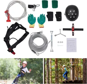 120FT Zip Lines for Kids and Adults Outdoor, Zipline Kits for Backyard Up to 330 Lbs, Kids Zip Line Kit for Backyard with Swing Seat, Spring Brake and Safety Harness Christmas and Birthday Gifts