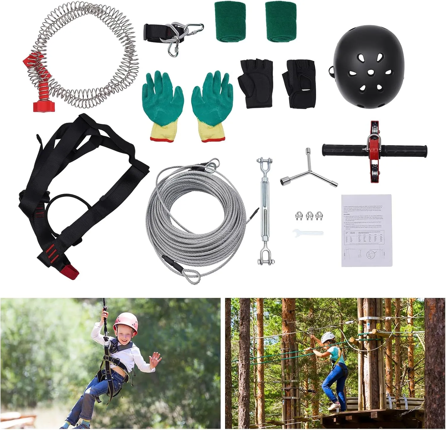 120FT Zip Lines for Kids and Adults Outdoor, Zipline Kits for Backyard Up to 330 Lbs, Kids Zip Line Kit for Backyard with Swing Seat, Spring Brake and Safety Harness Christmas and Birthday Gifts