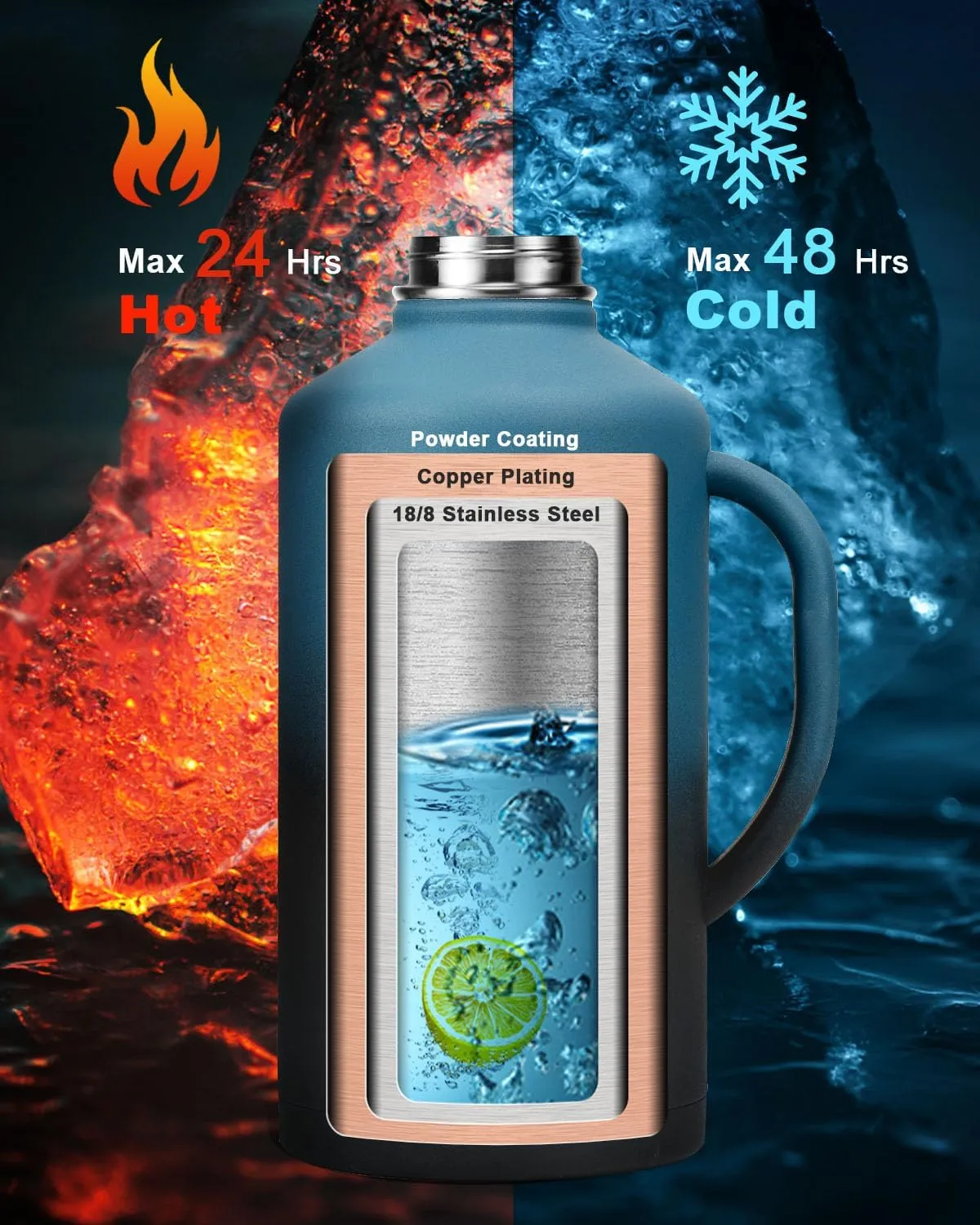 128 oz Stainless Steel Water Bottle with Handle and Carry Pouch, One Gallon Insulated Mug Tumbler with Straw Lid Spout Lid,Reusable Metal Water Bottle Jug Flask Cup,Keep Cold & Hot,Indigo Black