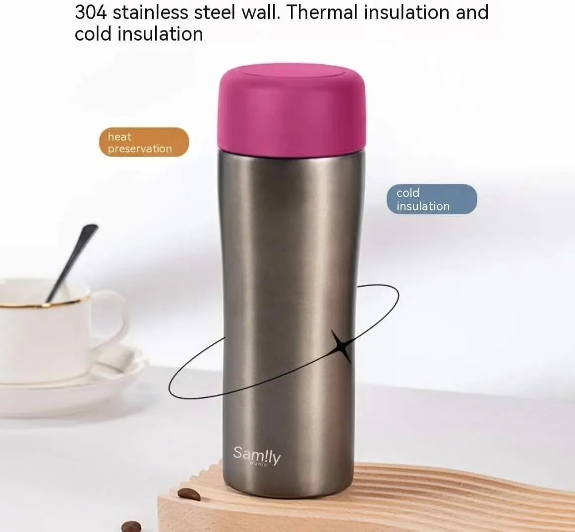 12oz/350ml Stainless Steel Vacuum Insulated Water Bottle with glass liner inside,glass lined thermos for Coffee Hot drink and Cold drink water flask(Fuchsia)