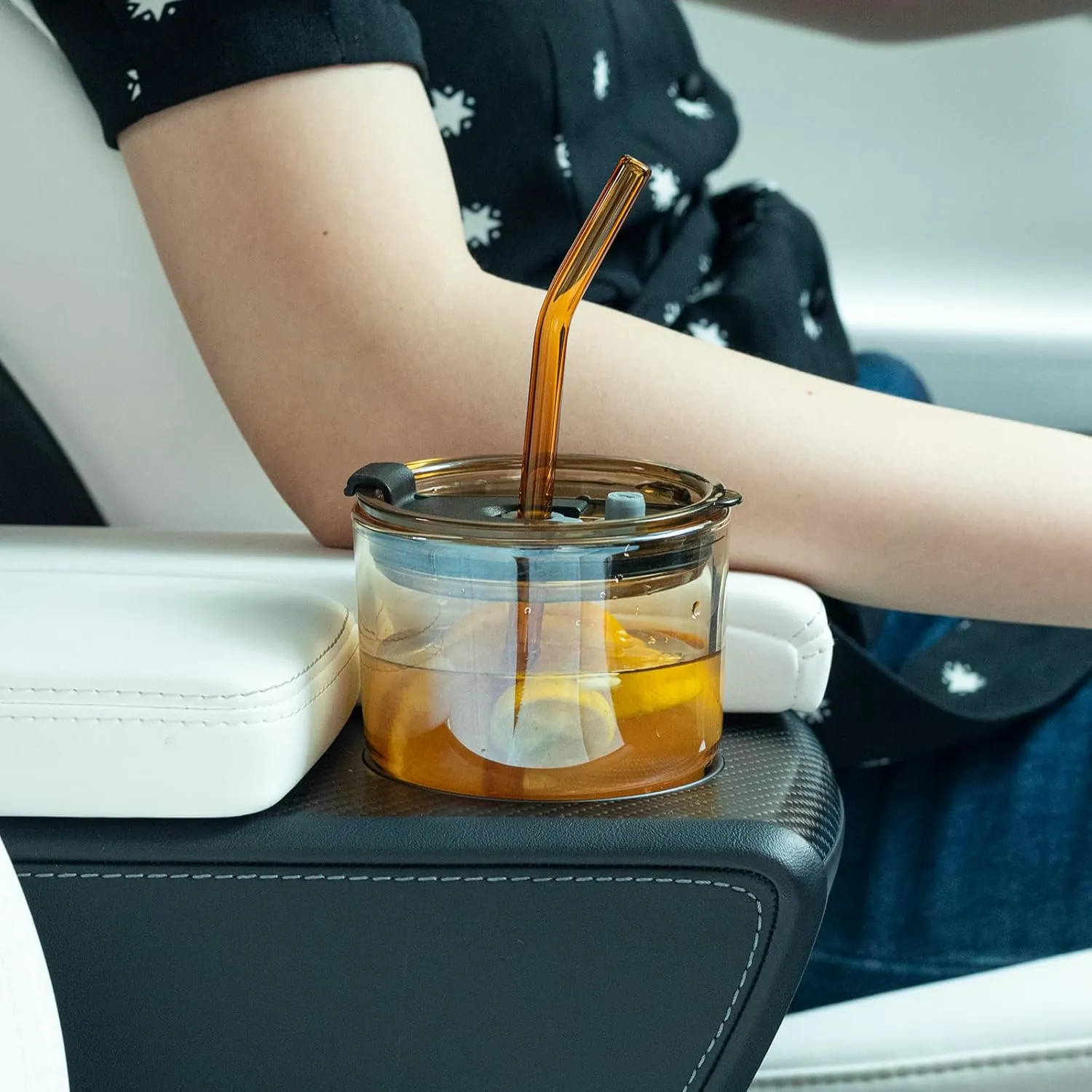 13 oz Tumbler Water Glass, Water Bottle with Straw and Dustproof Lid, Coffee Ice Cup Double Wall Insulated Glass Cup (Amber-2Pack)
