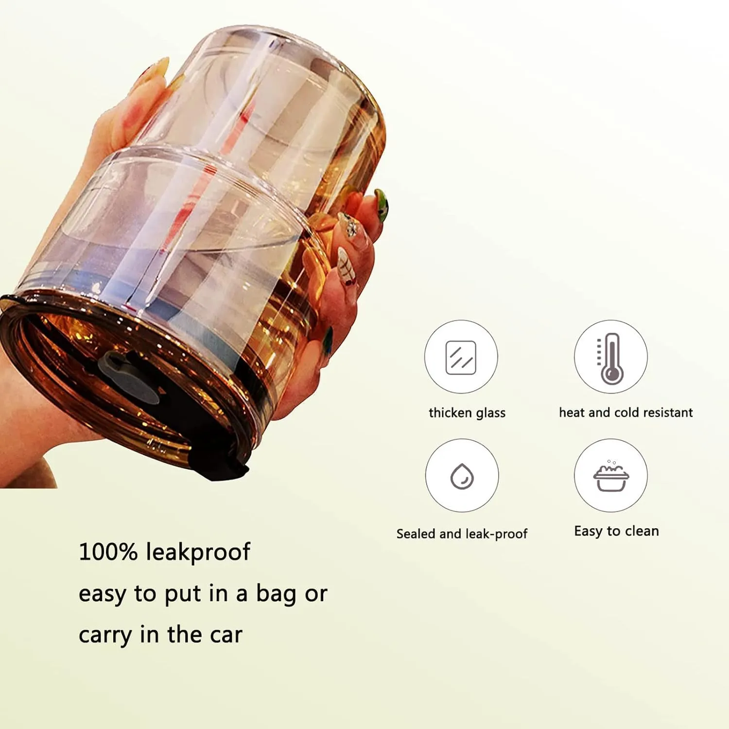 13 oz Tumbler Water Glass, Water Bottle with Straw and Dustproof Lid, Coffee Ice Cup Double Wall Insulated Glass Cup (Amber-2Pack)