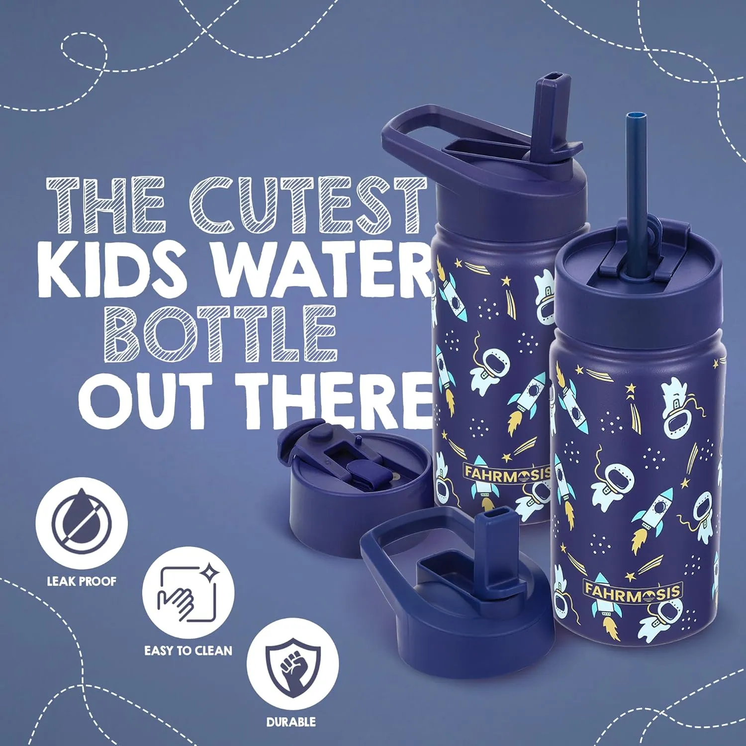 14 OZ Kids Water Bottle with Carrier Bag & Strap Leak Proof Metal Insulated Stainless Steel Tumbler with 2 Lids (Flip & Spout) for School & Sports Water Bottle with Straw - Black (Space)