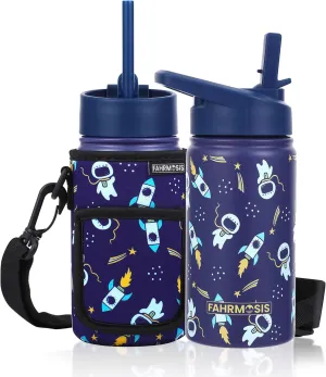 14 OZ Kids Water Bottle with Carrier Bag & Strap Leak Proof Metal Insulated Stainless Steel Tumbler with 2 Lids (Flip & Spout) for School & Sports Water Bottle with Straw - Black (Space)