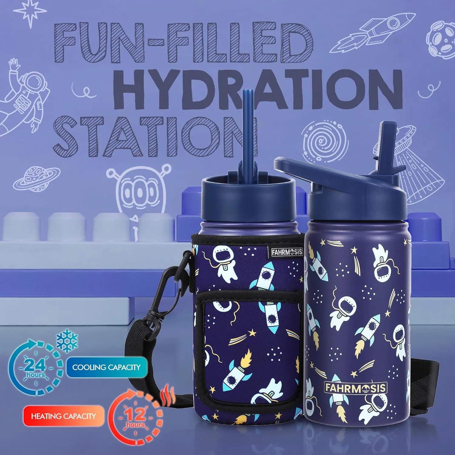 14 OZ Kids Water Bottle with Carrier Bag & Strap Leak Proof Metal Insulated Stainless Steel Tumbler with 2 Lids (Flip & Spout) for School & Sports Water Bottle with Straw - Black (Space)