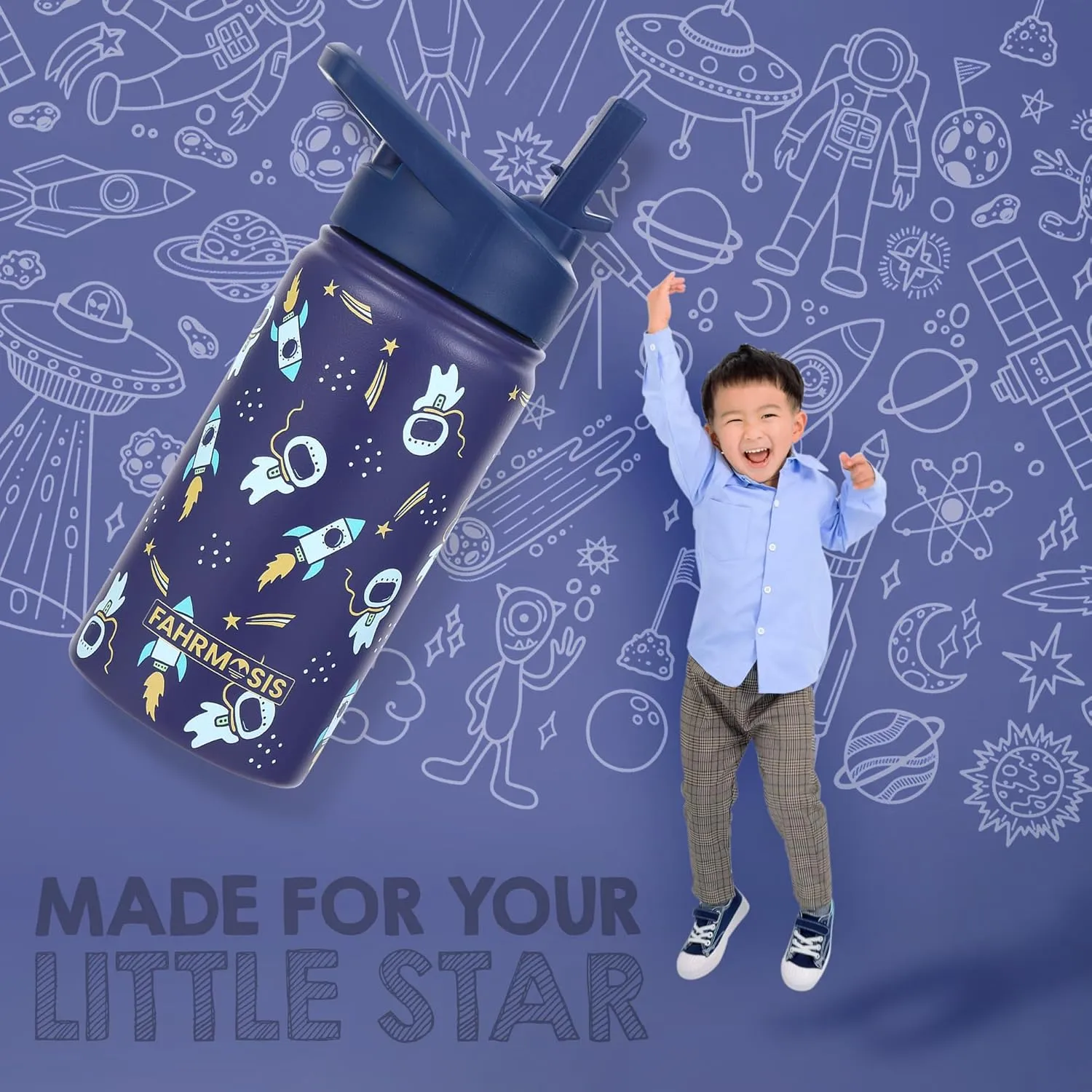 14 OZ Kids Water Bottle with Carrier Bag & Strap Leak Proof Metal Insulated Stainless Steel Tumbler with 2 Lids (Flip & Spout) for School & Sports Water Bottle with Straw - Black (Space)