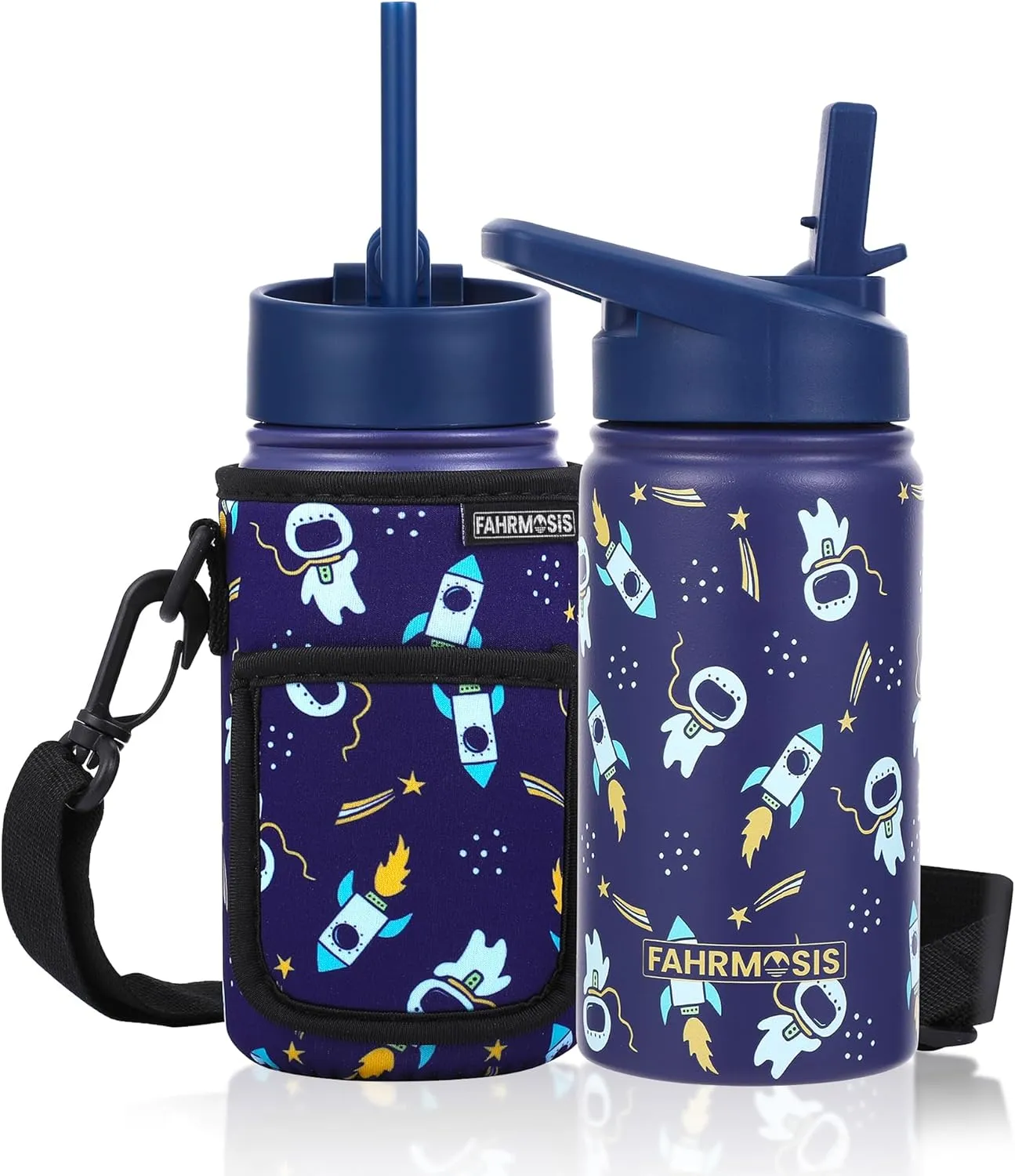 14 OZ Kids Water Bottle with Carrier Bag & Strap Leak Proof Metal Insulated Stainless Steel Tumbler with 2 Lids (Flip & Spout) for School & Sports Water Bottle with Straw - Black (Space)