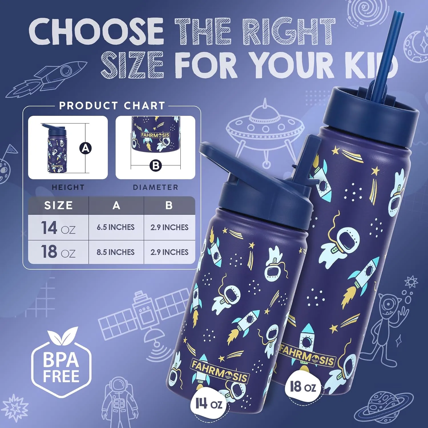 14 OZ Kids Water Bottle with Carrier Bag & Strap Leak Proof Metal Insulated Stainless Steel Tumbler with 2 Lids (Flip & Spout) for School & Sports Water Bottle with Straw - Black (Space)