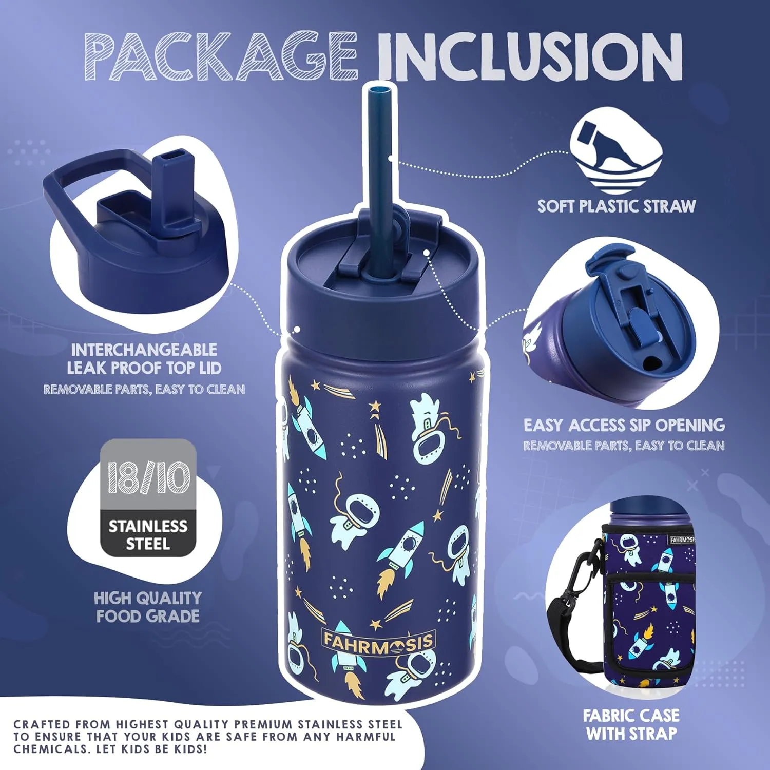 14 OZ Kids Water Bottle with Carrier Bag & Strap Leak Proof Metal Insulated Stainless Steel Tumbler with 2 Lids (Flip & Spout) for School & Sports Water Bottle with Straw - Black (Space)