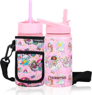 14 OZ Kids Water Bottle with Carrier Bag & Strap Leak Proof Metal Insulated Stainless Steel Tumbler with 2 Lids (Flip & Spout) for School & Sports Water Bottle with Straw - Pink (Princess)