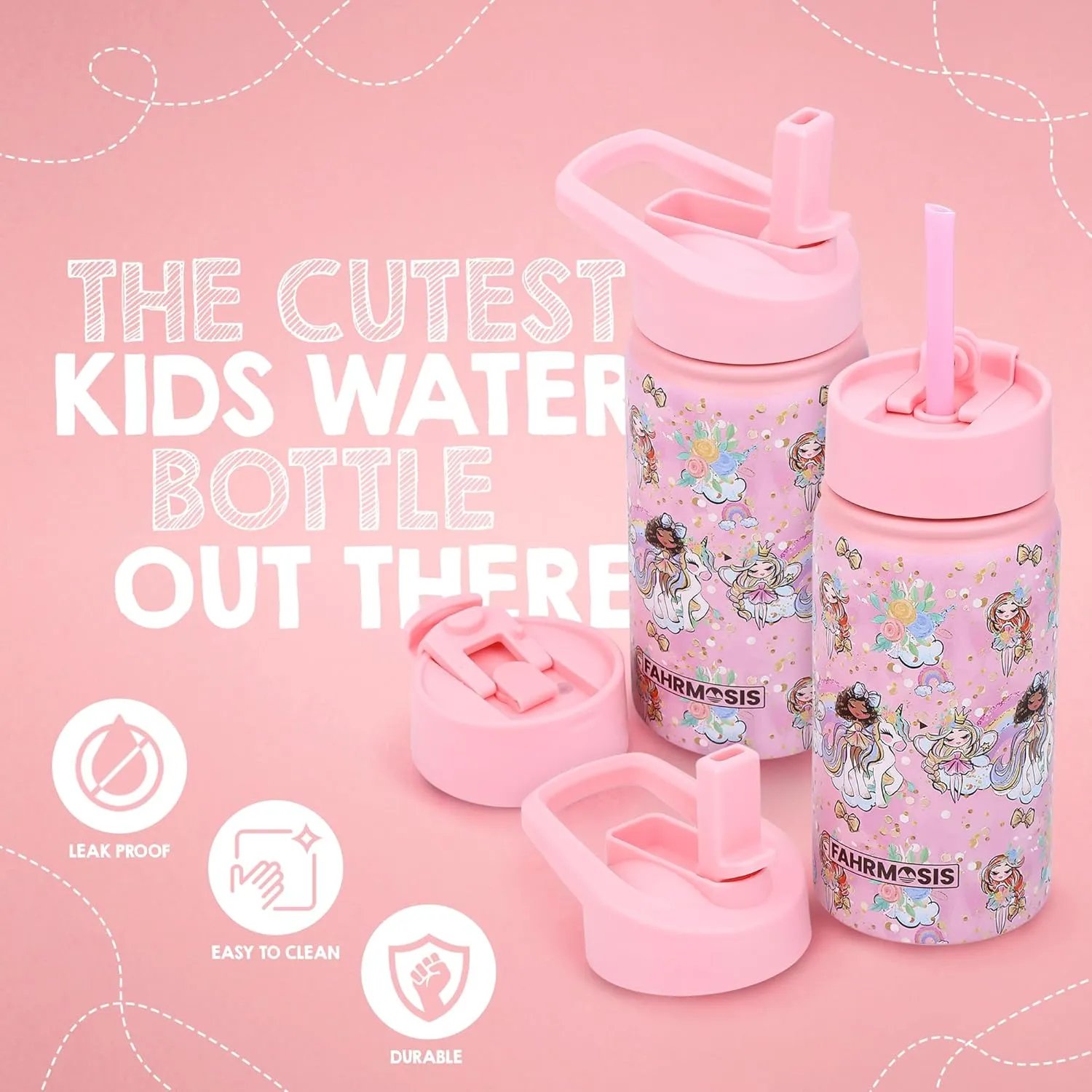14 OZ Kids Water Bottle with Carrier Bag & Strap Leak Proof Metal Insulated Stainless Steel Tumbler with 2 Lids (Flip & Spout) for School & Sports Water Bottle with Straw - Pink (Princess)