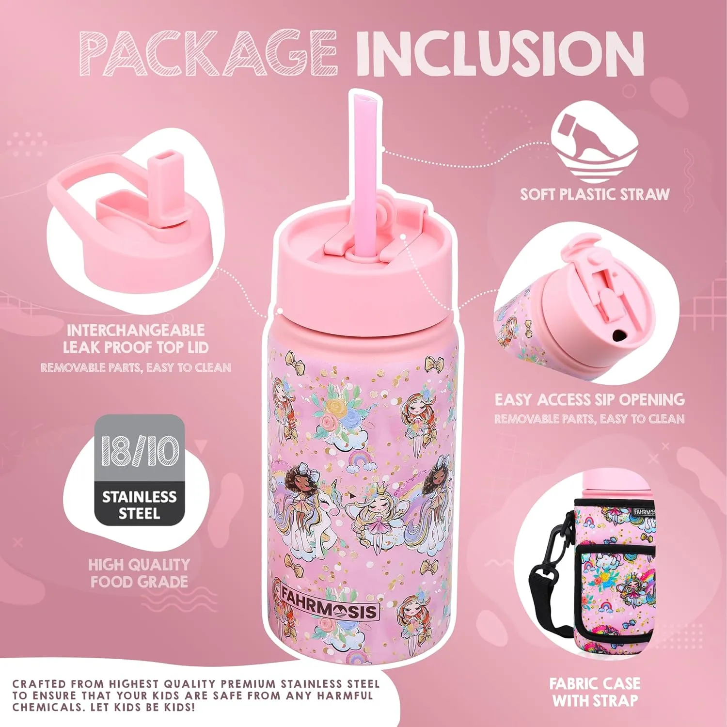 14 OZ Kids Water Bottle with Carrier Bag & Strap Leak Proof Metal Insulated Stainless Steel Tumbler with 2 Lids (Flip & Spout) for School & Sports Water Bottle with Straw - Pink (Princess)