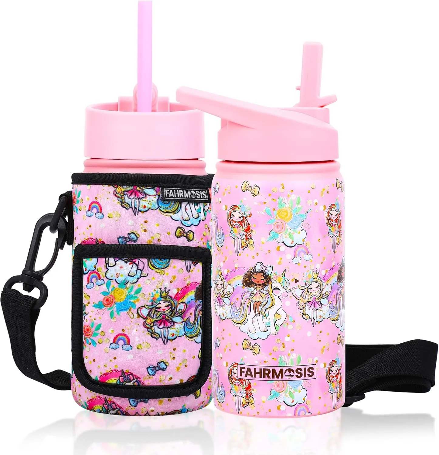 14 OZ Kids Water Bottle with Carrier Bag & Strap Leak Proof Metal Insulated Stainless Steel Tumbler with 2 Lids (Flip & Spout) for School & Sports Water Bottle with Straw - Pink (Princess)