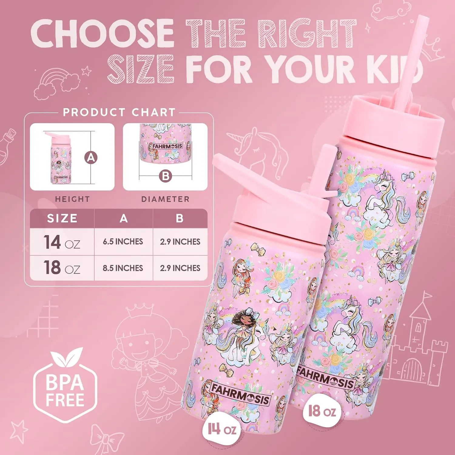 14 OZ Kids Water Bottle with Carrier Bag & Strap Leak Proof Metal Insulated Stainless Steel Tumbler with 2 Lids (Flip & Spout) for School & Sports Water Bottle with Straw - Pink (Princess)