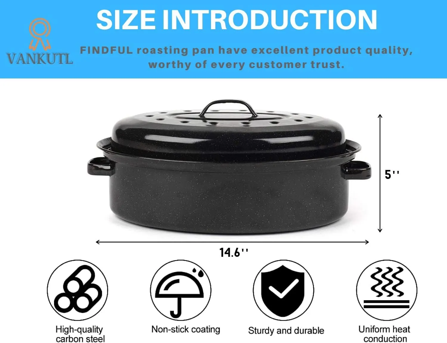 14.6 Inch Roasting Pan with Lid - Covered Oval Roaster - Enamel Carbon Steel Roaster Pot - Excellent Heat Distribution and Non-sticky - for Turkey Chicken Meat & Vegetables -Birthday and Holiday gift