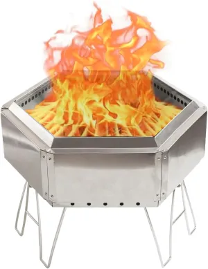 15" Portable Stainless Steel Outdoor Fire Pit, Collapsible Hexagon Smokeless Bonfire Wood Burning Fire Pit Fireplace for Camping, Backyard Patio Garden Bon Fire Heater Wood Burning Bowl