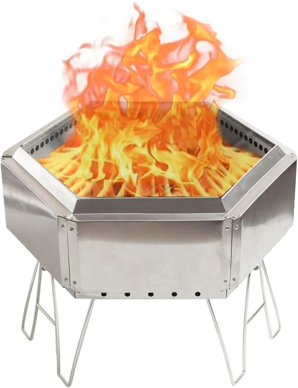 15" Portable Stainless Steel Outdoor Fire Pit, Collapsible Hexagon Smokeless Bonfire Wood Burning Fire Pit Fireplace for Camping, Backyard Patio Garden Bon Fire Heater Wood Burning Bowl