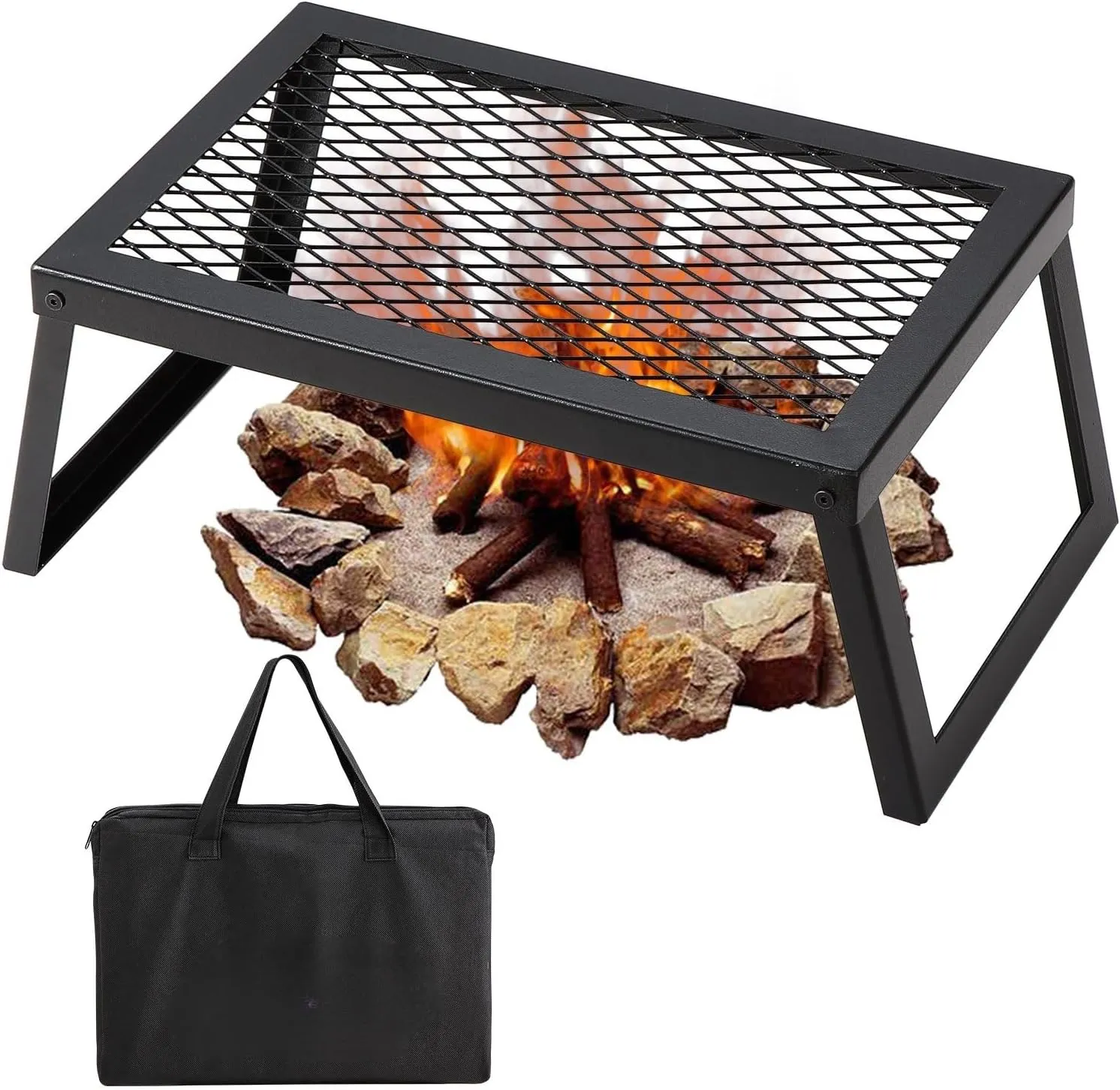 18" Folding Campfire Grill, Heavy Duty Steel Mesh, Portable Cooking Grate with Legs and Carrying Bag, Ideal for Outdoor Open Flame and Camp Fire Cooking