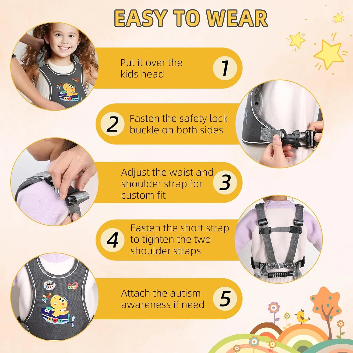 2025 New Safety Harness for Older Children (6-12yrs) with Autism Special Needs ADHD/ASD, Teens Youth Vest Walking Harness with Grab Handle and Autism Awareness, Adjustable Tether Leash for Big Kids