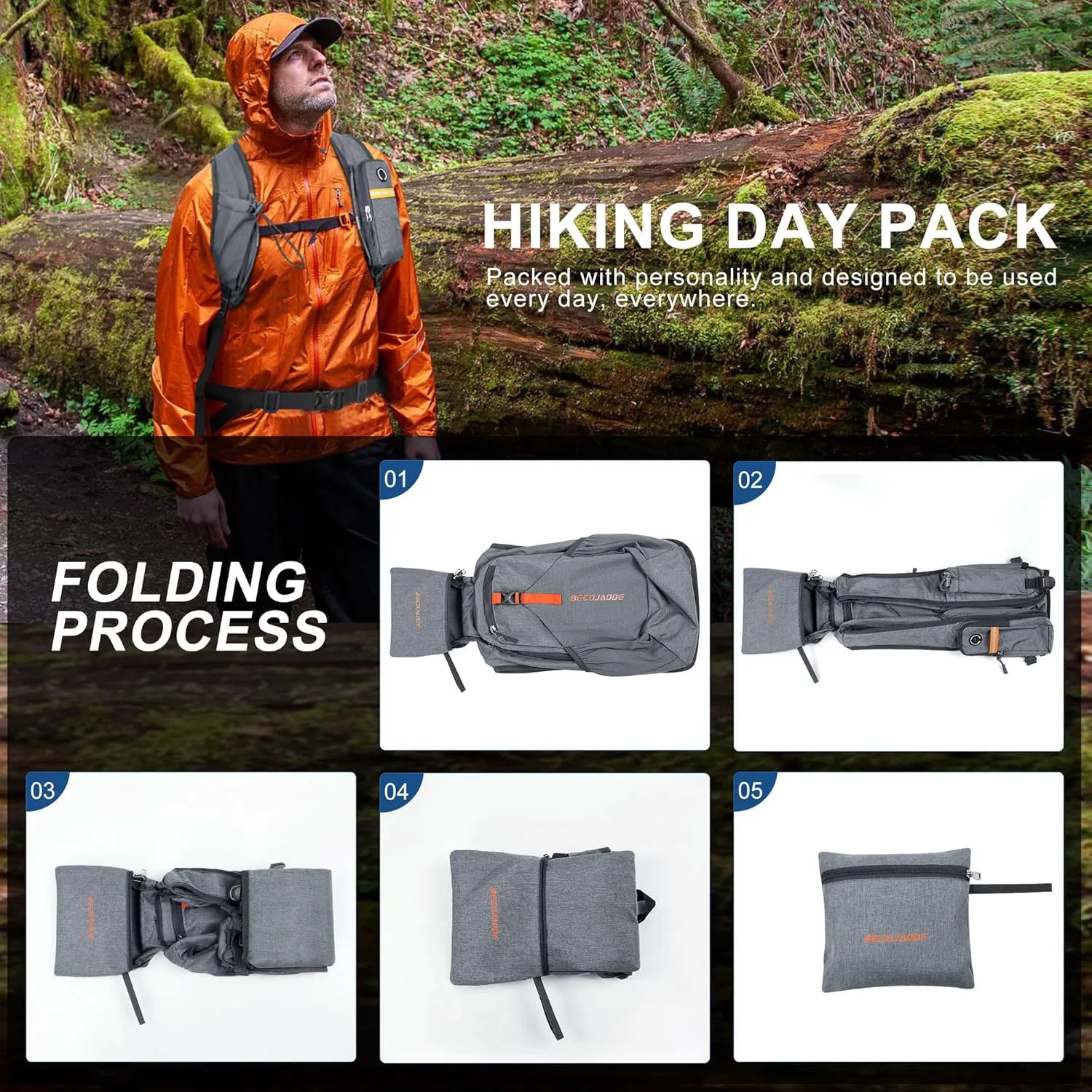 20L Small Hiking Backpack for Men Women Foldable Packable Back Pack Ultralight Hiking Daypack for Travel Camping Outdoor, Gray