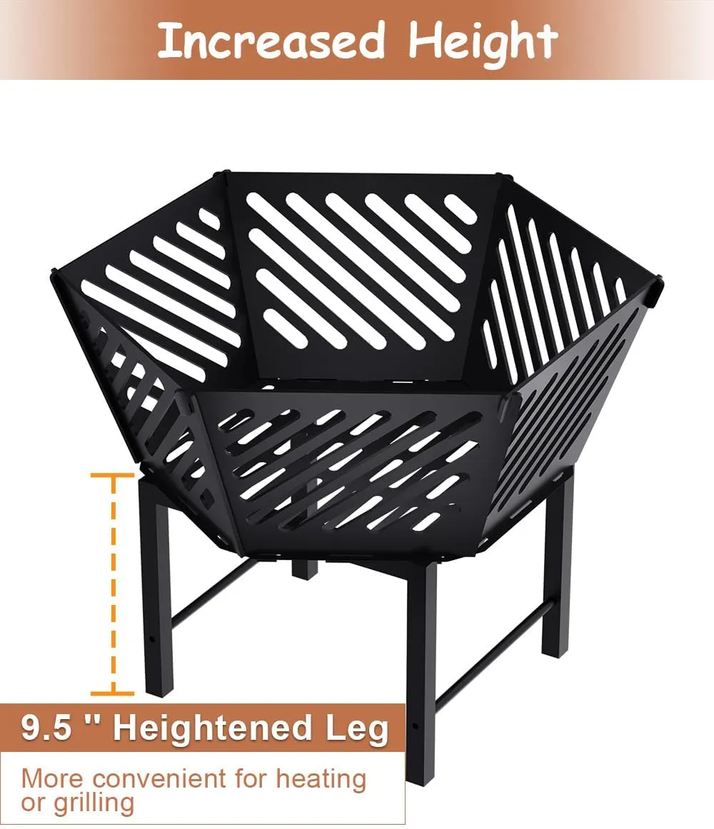 22.5 Inch Portable Plug Fire Pit for Camping, Heightened Detachable Outdoor Wood Burning Firepits for Outside Patio Heating, Picnic, Bonfire and BBQ with Travel Bag, Diagonal Hollow Style