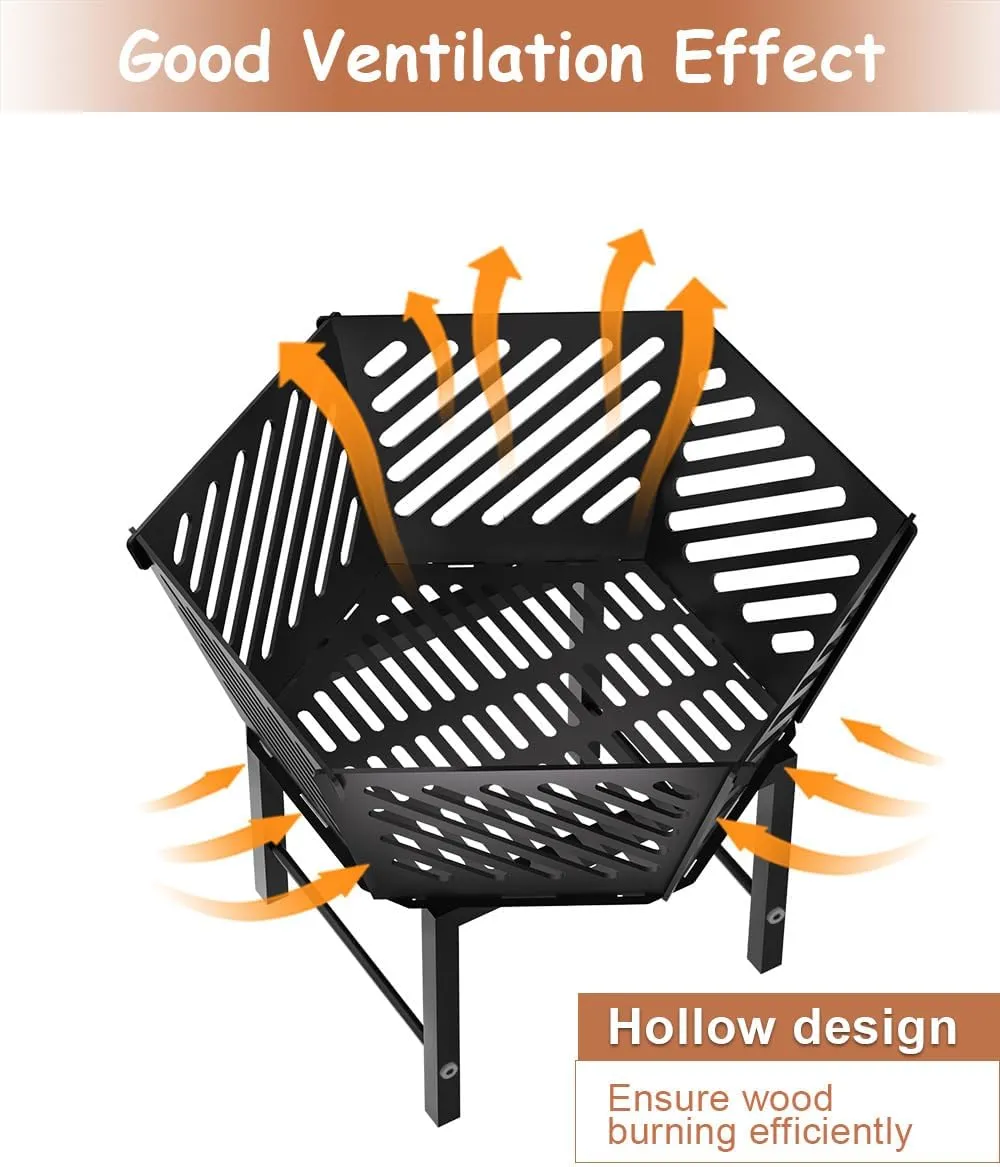 22.5 Inch Portable Plug Fire Pit for Camping, Heightened Detachable Outdoor Wood Burning Firepits for Outside Patio Heating, Picnic, Bonfire and BBQ with Travel Bag, Diagonal Hollow Style