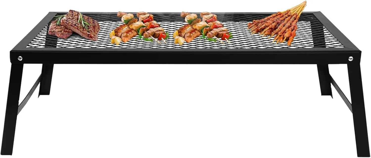 22.83" Small Folding Campfire Grill, Metal Firepit Grill Grate Heavy Duty Portable Camping Grill Outdoor Barbecue Net Table for Picnics Camping, Black