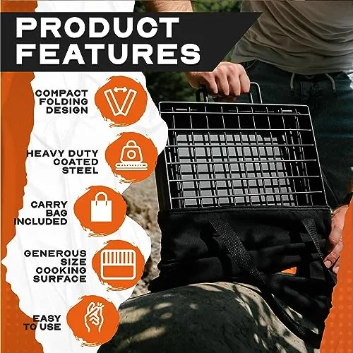24" Heavy Duty Folding Campfire Grill, Compact Folding Grill Grate