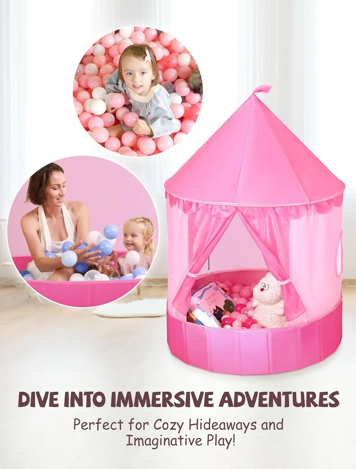 3-in-1 Ball Pit & Play Tent for Toddlers: Large 40" Pink Kids Ball Pit and Princess Tent - Princess Castle Playhouse Tent for Girls Kids Babies - Foldable Portable Toys for Indoor & Outdoor