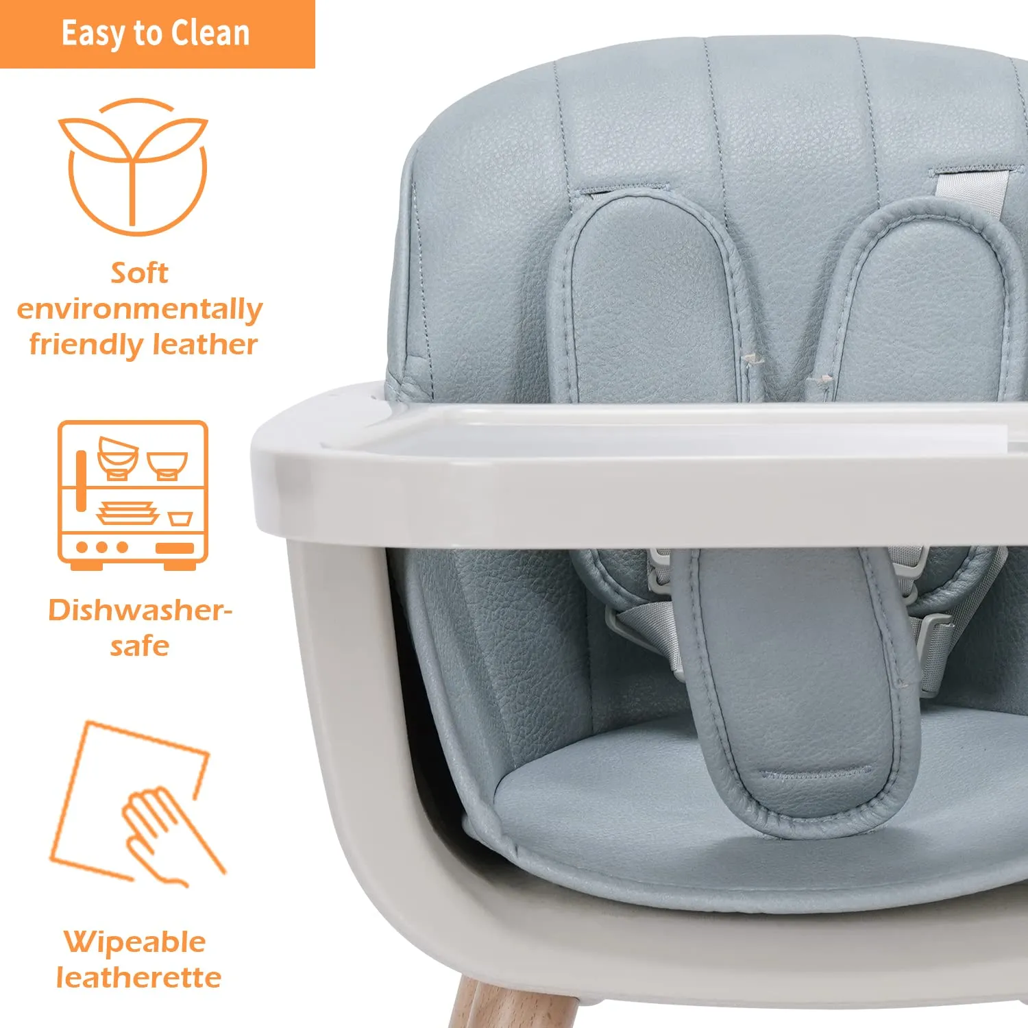 3-in-1 Convertible Wooden High Chair, High Chairs for Babies and Toddlers, Baby High Chair with Adjustable Legs & Dishwasher Safe Tray, Made of Sleek Hardwood & Premium Leatherette, Blue Color