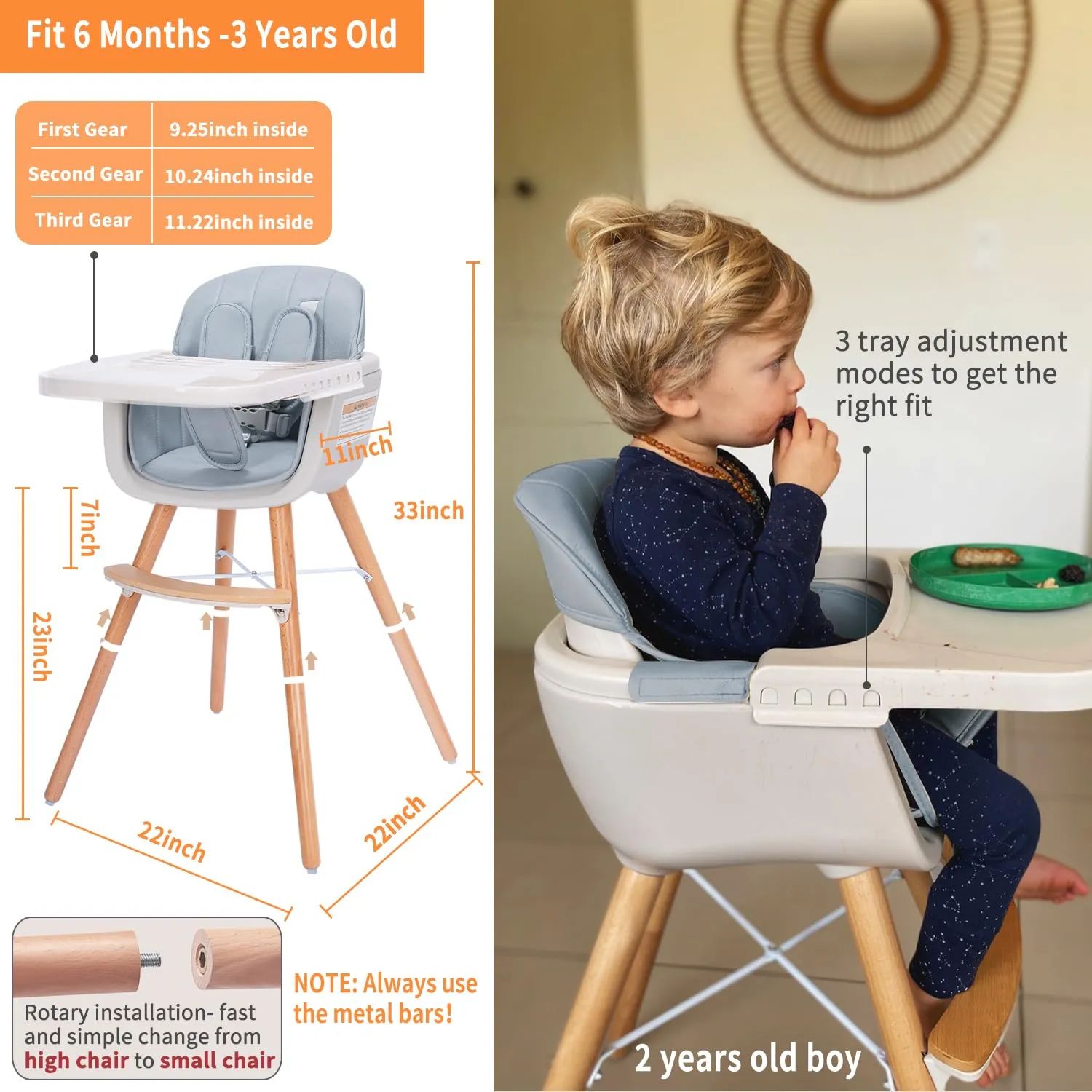 3-in-1 Convertible Wooden High Chair, High Chairs for Babies and Toddlers, Baby High Chair with Adjustable Legs & Dishwasher Safe Tray, Made of Sleek Hardwood & Premium Leatherette, Blue Color