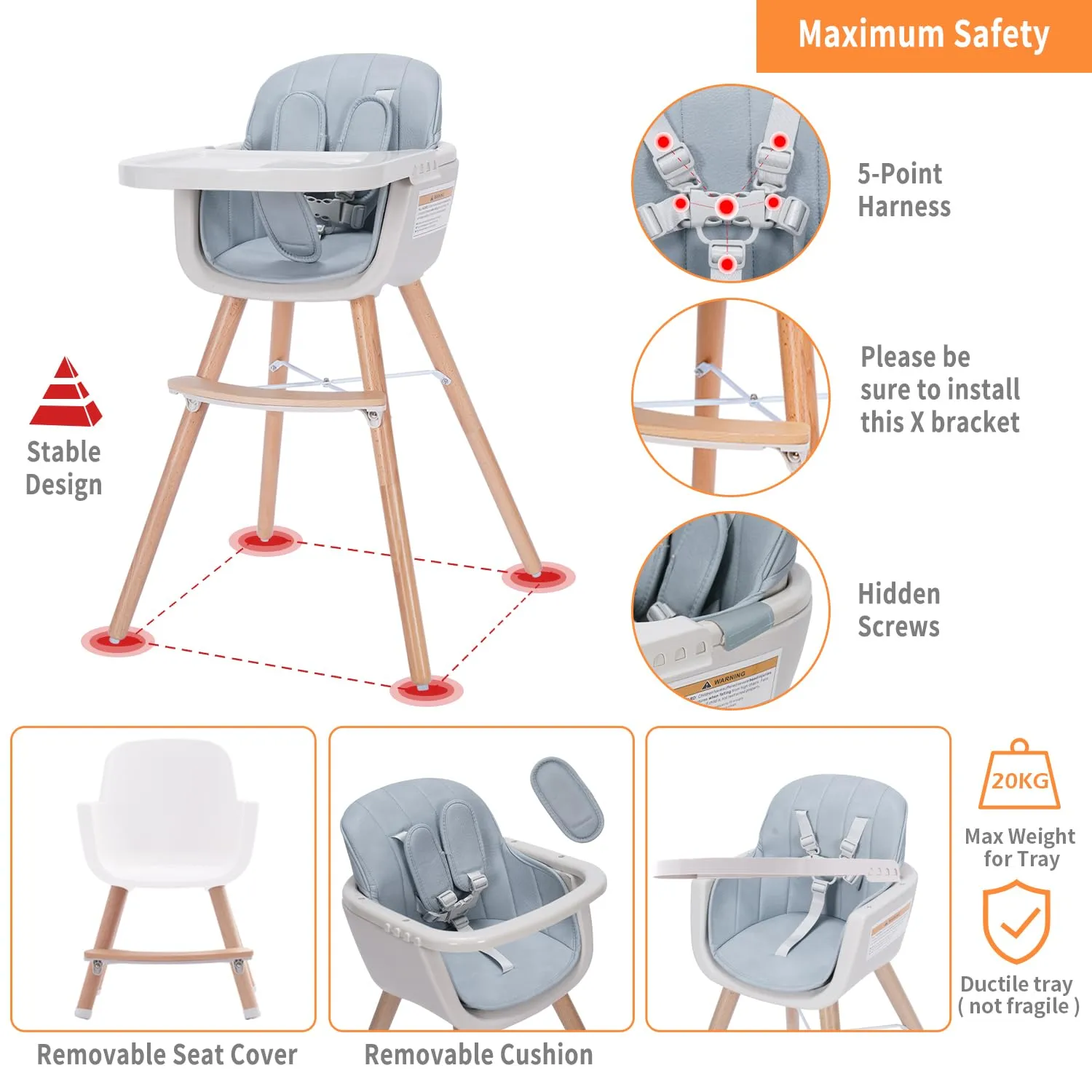 3-in-1 Convertible Wooden High Chair, High Chairs for Babies and Toddlers, Baby High Chair with Adjustable Legs & Dishwasher Safe Tray, Made of Sleek Hardwood & Premium Leatherette, Blue Color