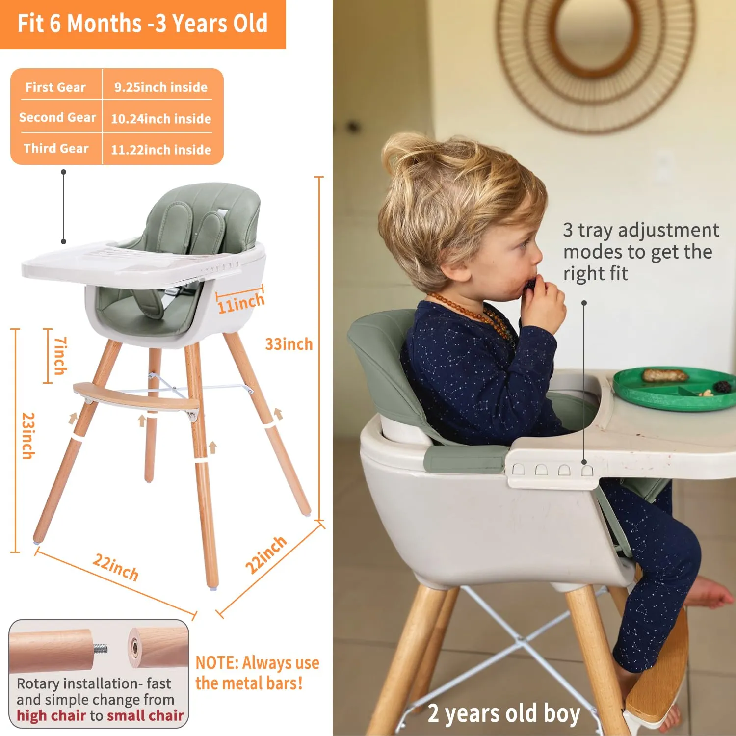 3-in-1 Convertible Wooden High Chair, High Chairs for Babies and Toddlers, Baby High Chair with Adjustable Legs & Dishwasher Safe Tray, Made of Sleek Hardwood & Premium Leatherette, Green Color