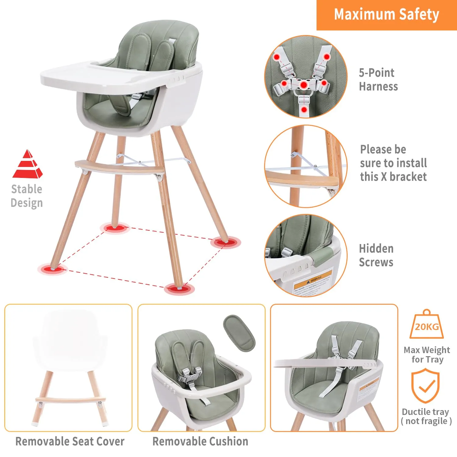 3-in-1 Convertible Wooden High Chair, High Chairs for Babies and Toddlers, Baby High Chair with Adjustable Legs & Dishwasher Safe Tray, Made of Sleek Hardwood & Premium Leatherette, Green Color