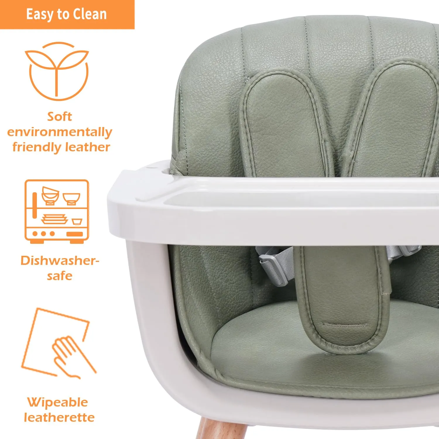 3-in-1 Convertible Wooden High Chair, High Chairs for Babies and Toddlers, Baby High Chair with Adjustable Legs & Dishwasher Safe Tray, Made of Sleek Hardwood & Premium Leatherette, Green Color