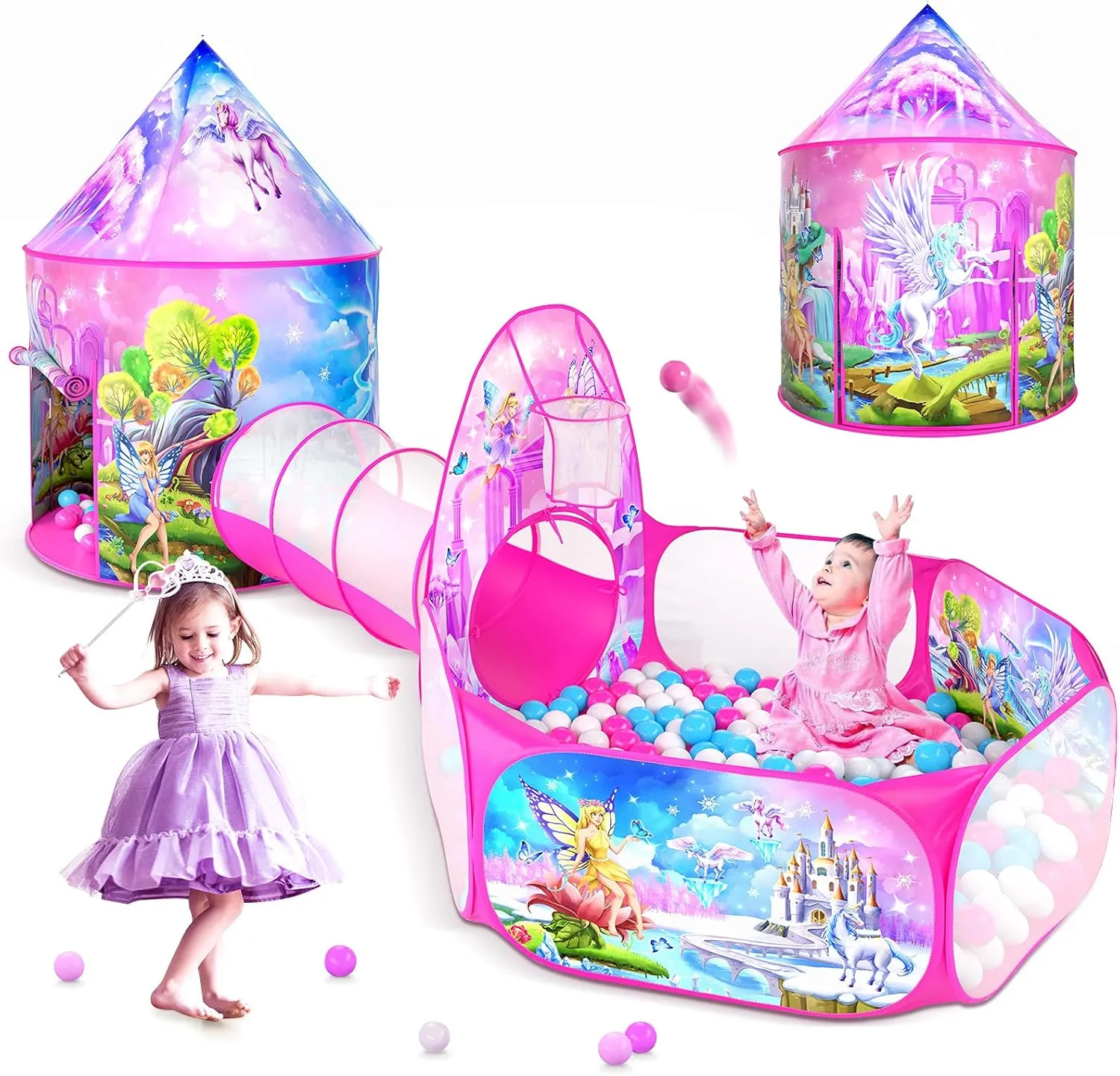 3 in 1 Kids Play Tent for Toddler with Play Tunnel Baby Ball Pit Castle Tent, Pop Up Unicorn Kids Playhouse for Boys and Girls Gift, Collapsible Children Play Tent Toy Indoor and Outdoor Play Games